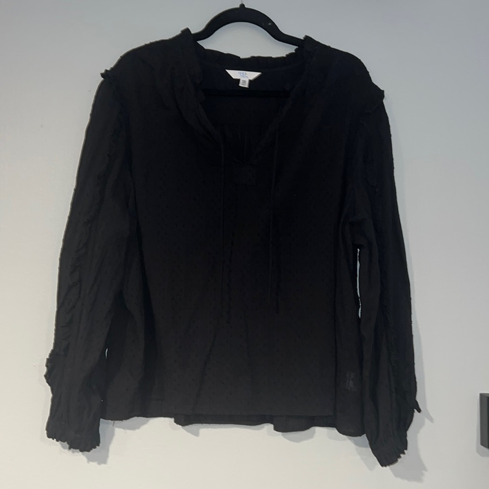 Time and Tru Black Clipped Dot Ruffle Black Blouse